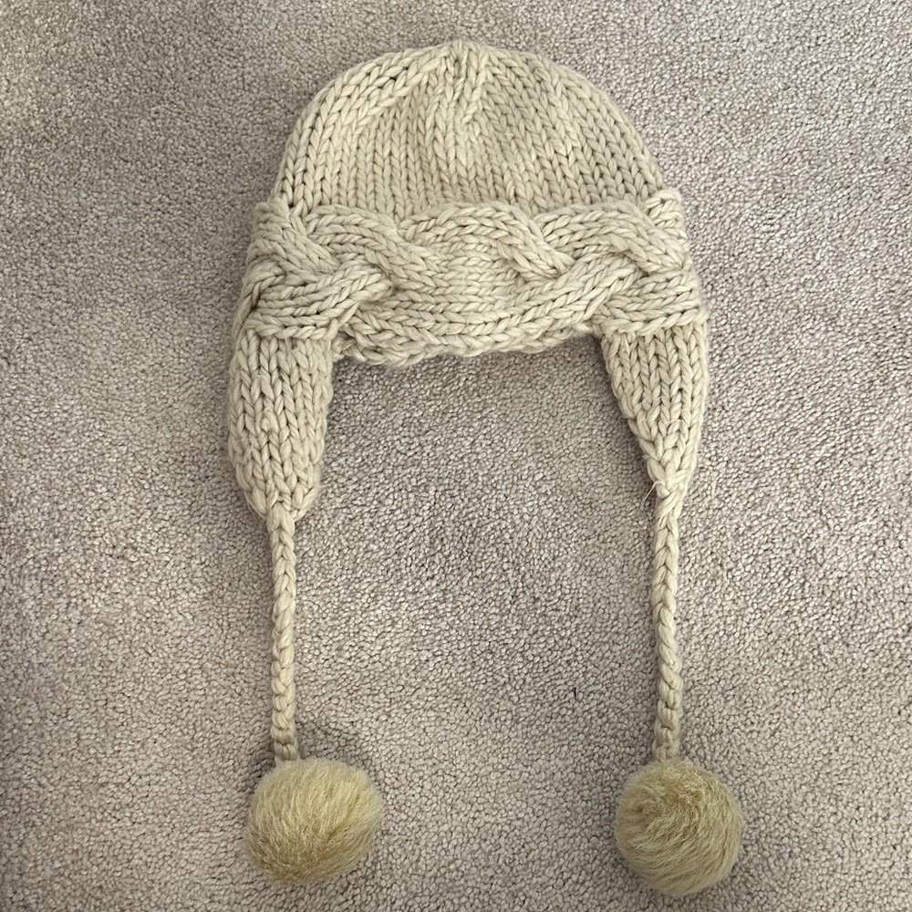 Forever 21 Cream Knit Hat with Pom Poms